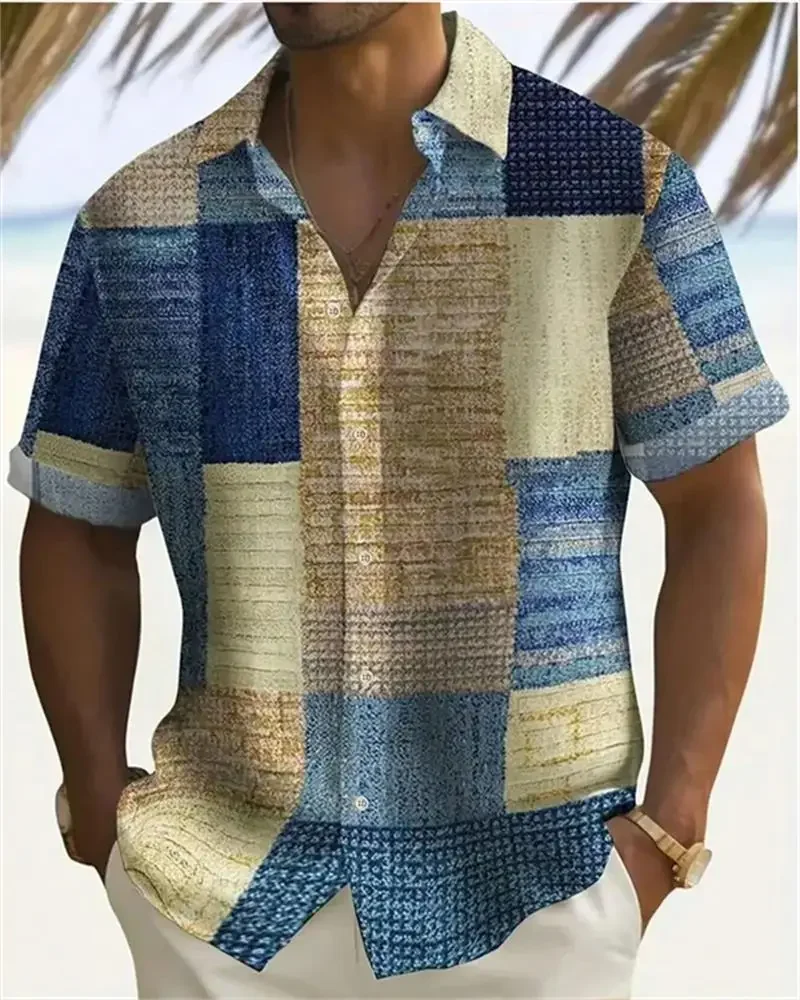 

2024 Men's Color Block 3D Printed button-down Lapel Short Sleeve Shirt Large Size 5XL High quality Hawaiian Beach Top