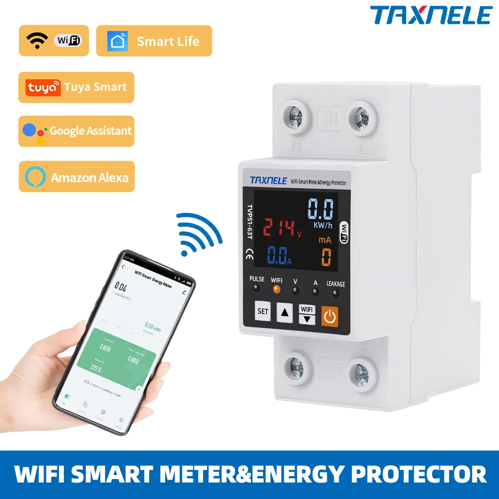 SmartLife TUYA WIFI 63A Circuit breaker Earth Leakage Over Under Voltage Protection Protector Relay Switch Energy kWh Meter
