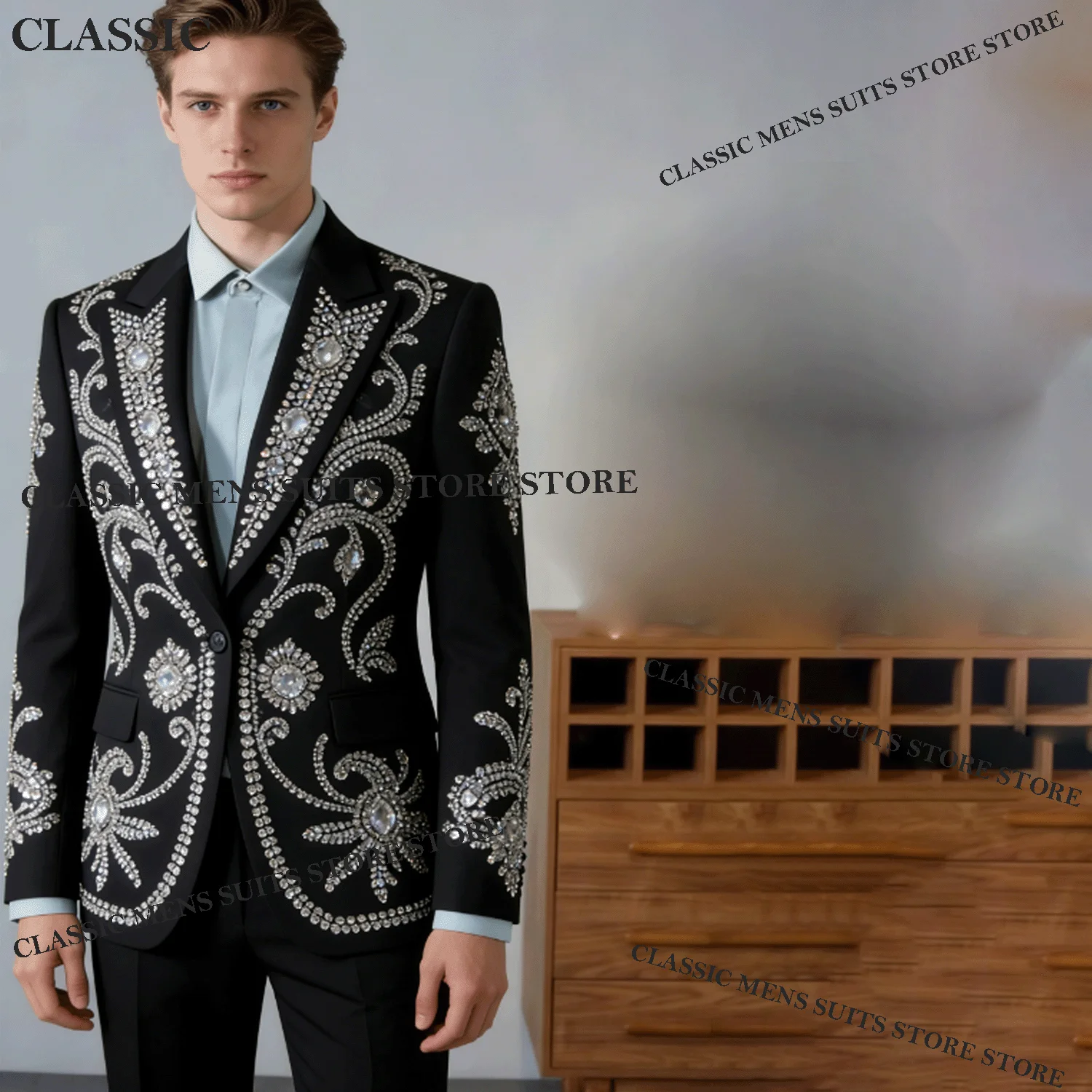 

Customized Sparkly Crystal Men Suit Intricate Jewelry Paillette Wedding Tuxedos Slim Ropa hombre 2 Pieces Sets Groom Male Blaze