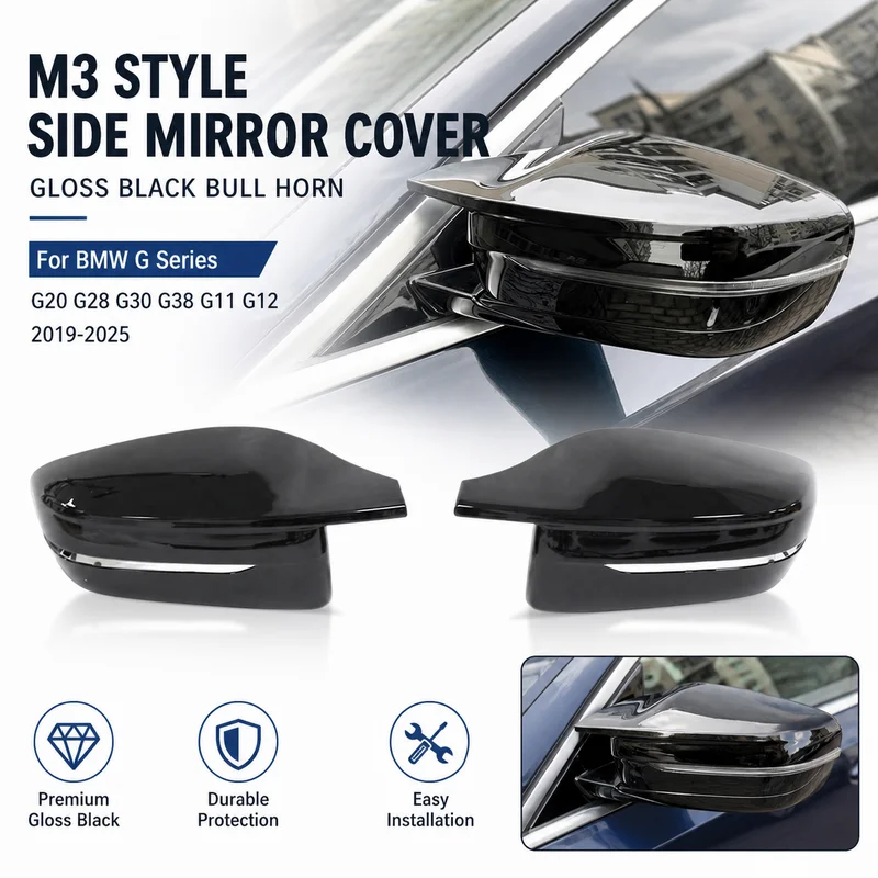 For BMW 3 Series 5 Series 7 Series G20 G28 G30 G38 G11 G12 2019-2025 Gloss Black Bull Horn M3 Style Side Mirror Cover