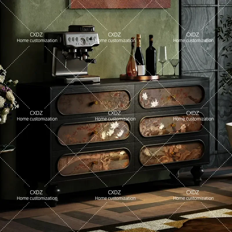 Medieval Shadow Flower Solid Wood Six Drawer Chest Cabinet Living Room Entrance Storage Bedroom Decorative Organizer