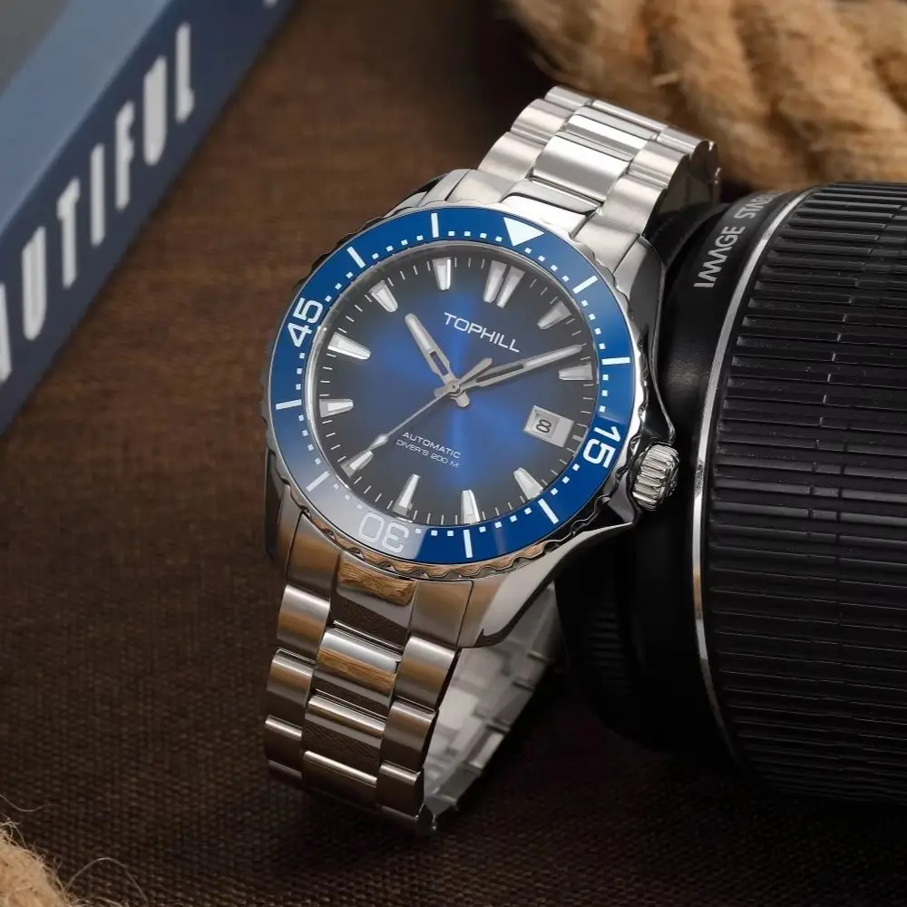 TOPHILL 41mm Miyota 8215 Men Diving Watch 200M Luminous Classic Luxury Ceramic Bezel Sapphire 3H Date Transparent Back TD015G