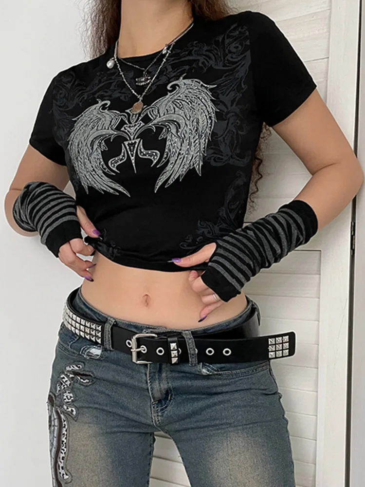 Y2K Fashion Letter Print fairy grunge Summer E-girl White Crop top Slim 2000s Streetwear Harajuku Goth t-shirt a maniche corte