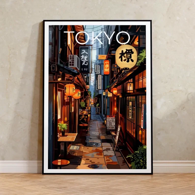 1pc Unframed Tokyo Cityscape Canvas Print Japanese Bar Art Asian Cafe Illustration Manga Wall Art Poster for Modern Living Room