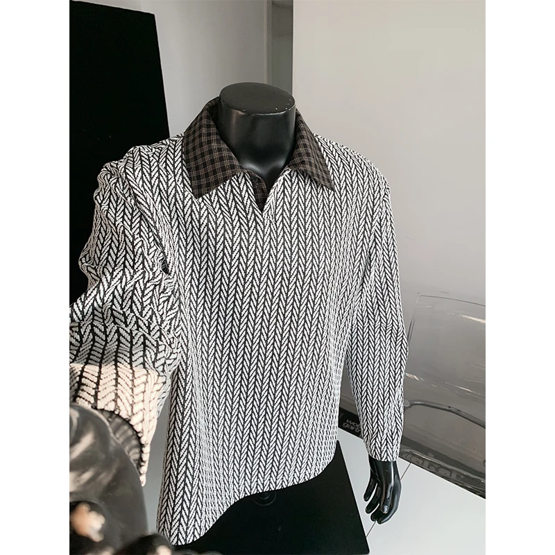 Men Herringbone Knit Polo Shirt Plaid Spliced Collar Loose Vintage Long Sleeve Pullover Top