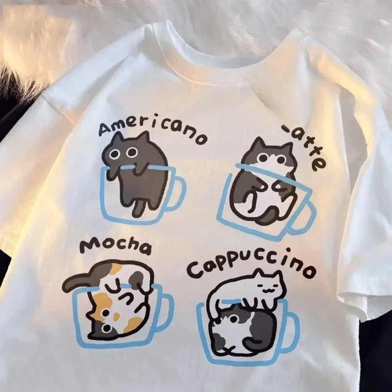Cat Coffee Printed T-shirt Women's Summer New Round Neck Cute Cat Casual Summer Clothes Fashion Graphic T Shirts Y2K Top Vintage