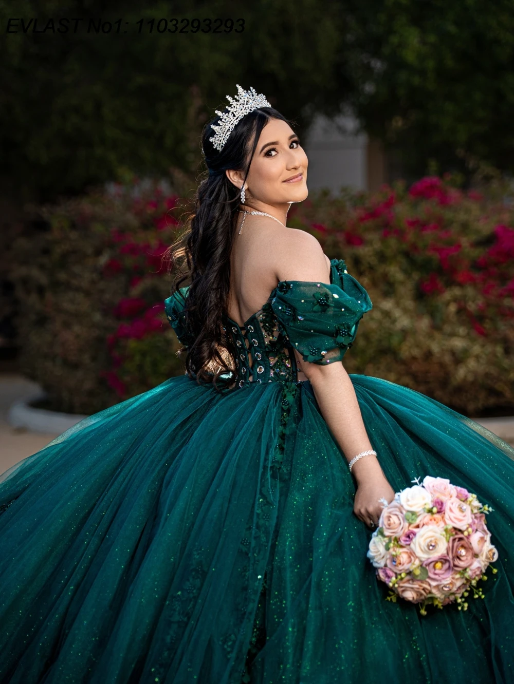 فستان Quinceanera مخصص باللون الأخضر اللامع من EVLAST فستان حفلة مزين بالدانتيل اللامع مطرز بالخرز الحلو 16 فيستدوس دي 15 أنوس E1QN656 #3
