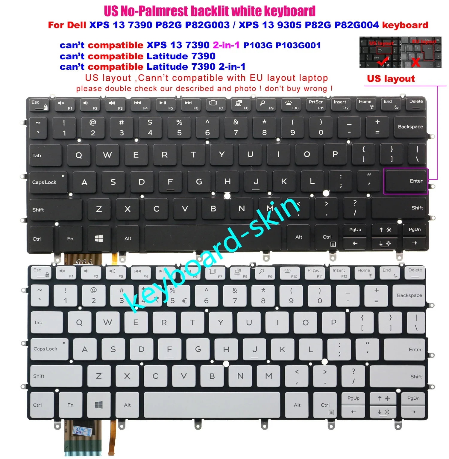 Nuevo teclado retroiluminado estadounidense para portátil Dell XPS 13 7390 P82G P82G003 (no XPS 13 7390 2 en 1), XPS 13 9305 P82G P82G004