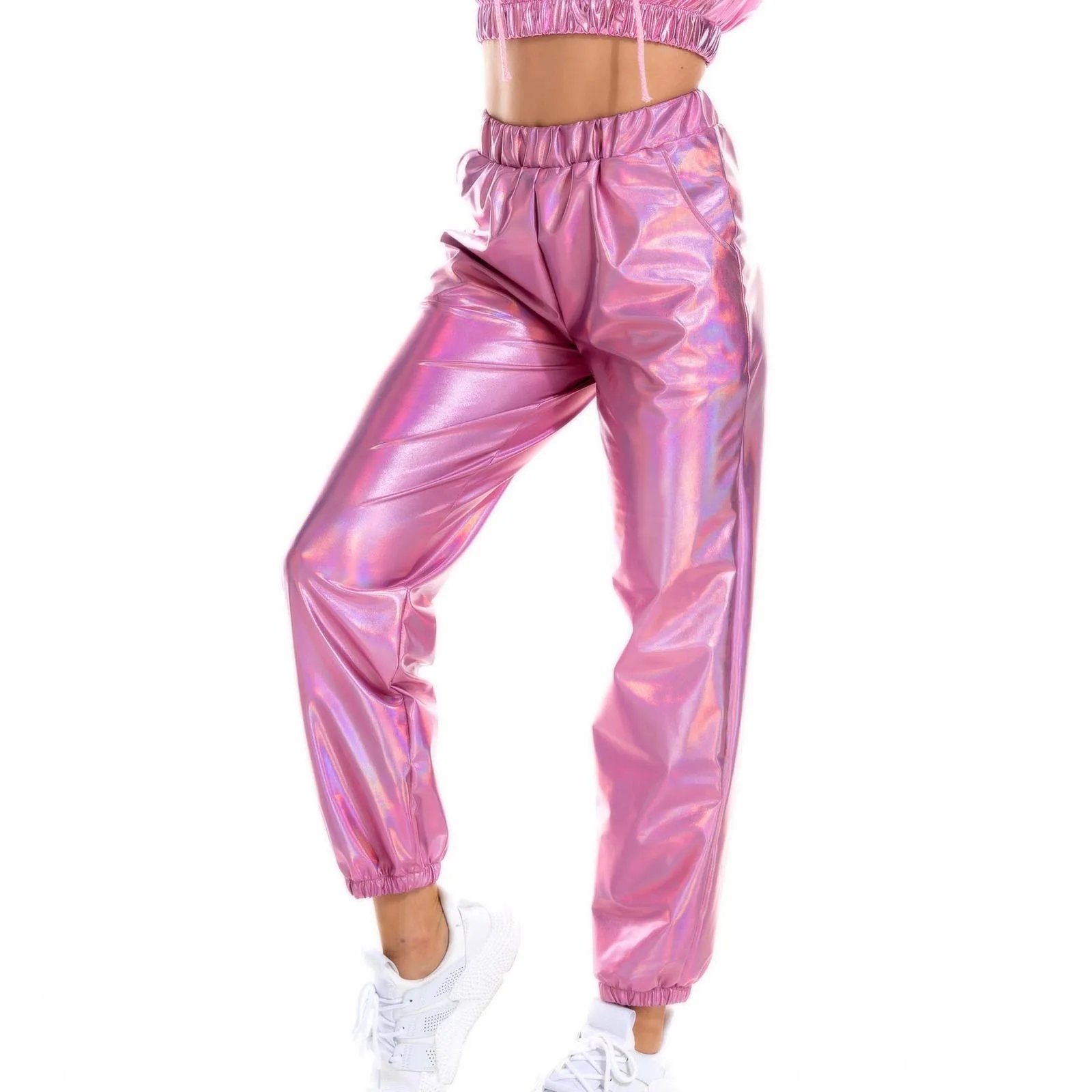 Women Shiny Holographic Pants Loose High Waist Metallic Trousers Dance Performance Hip Hop Pants Streetwear Joggers Pants