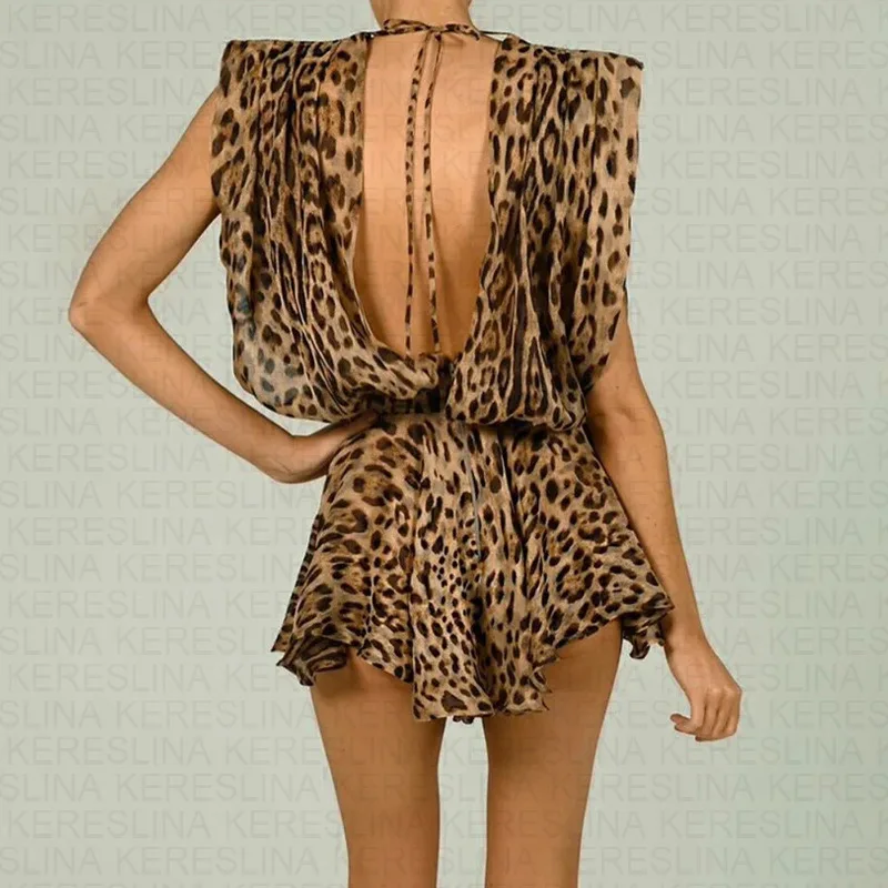 Retro Street Tourism Deep V-neck Sexy Waist-cinching Leopard Printing Y2K Backless Sleeveless Skirt Spice Girl Mini Womens Dress