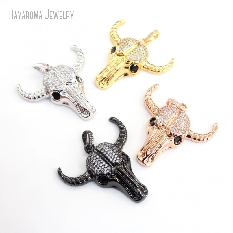 10Pcs Wholesale Copper Animal Animals Ox Head Metal Clear Cubic Zirconia Black Invisible Setting Pendant PM17875