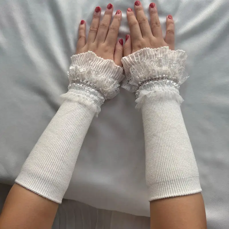 

Women Long Elastic Arm Sleeve Lace Knitting Wrist Cuffs Winter Warm Comfort Soft Mittens Girls Lolita False Cuffs Sweater Decor