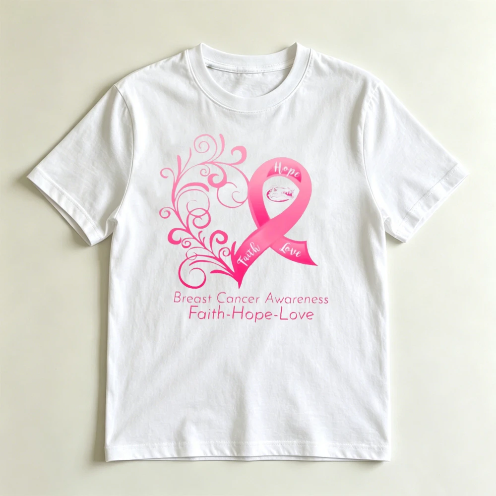 Faith Hope Love Floral Scroll Graphic T Shirt Women Breast Cancer Support Ribbon Gift Survivor Shirt Vintage Style Tee