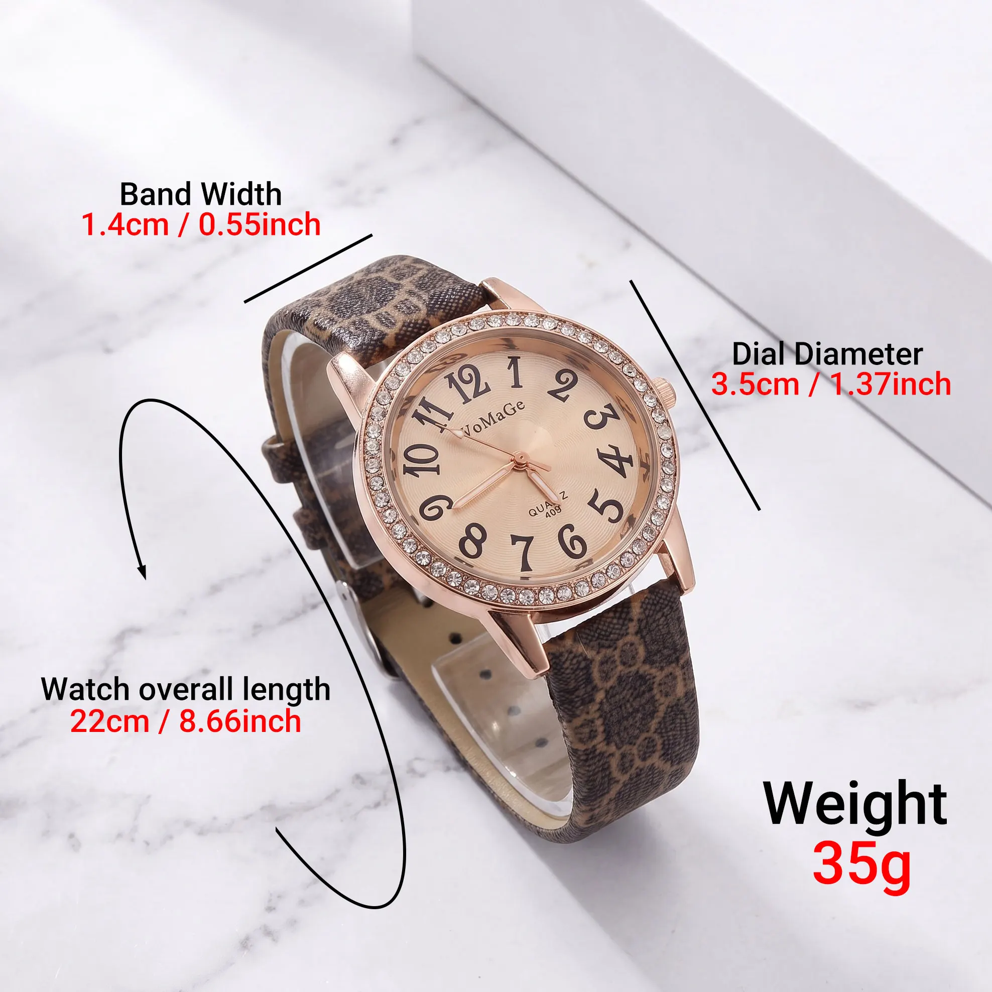 Women Quartz Watch Rose Gold Rhinestone Bezel Vintage Pattern PU Leather Strap Wristwatch, Large Number Dial Ladies Dress Watch