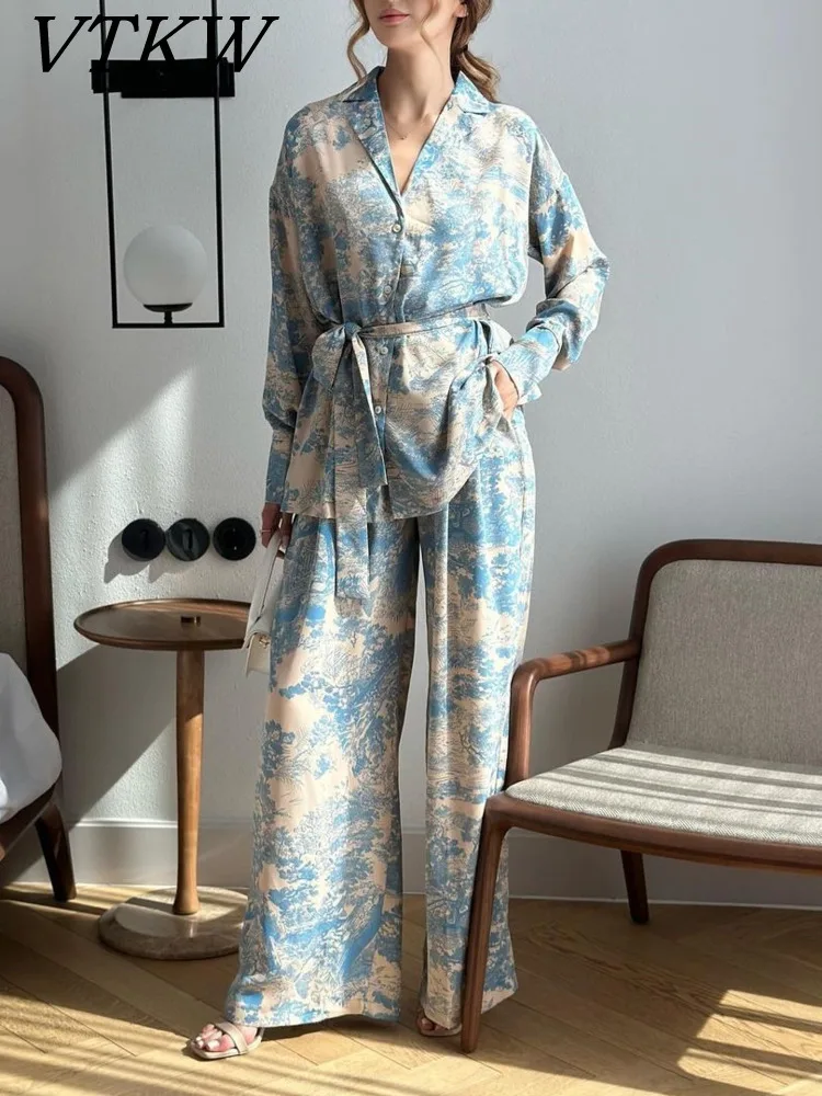 

VTKW Printed Long-sleeved Tie Shirt Versatile Occasions 2025 Spring New Style, Women's Blazer High-waisted Wide-leg Pants Suit