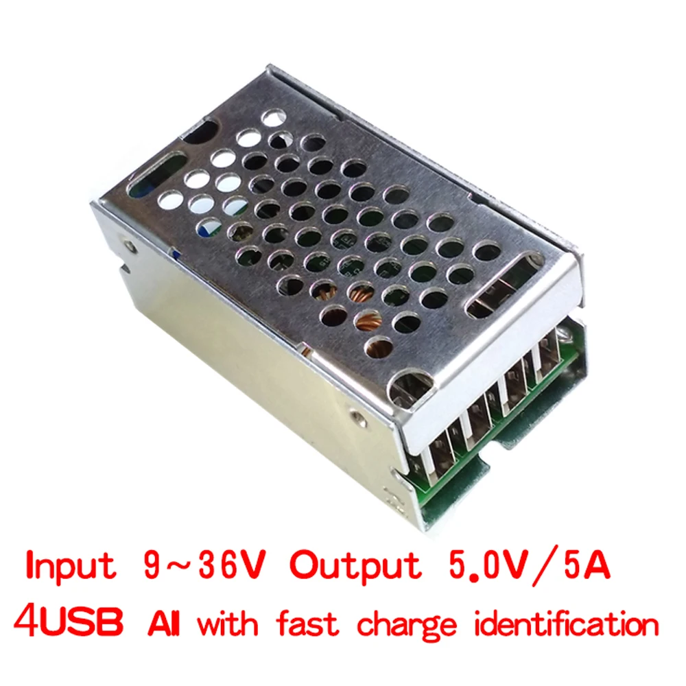 DC-DC 9V-36V to 5V 5A 4 USB Output 25W Buck Converter Step Down Power Supply Module with Aluminum Shell for Phones