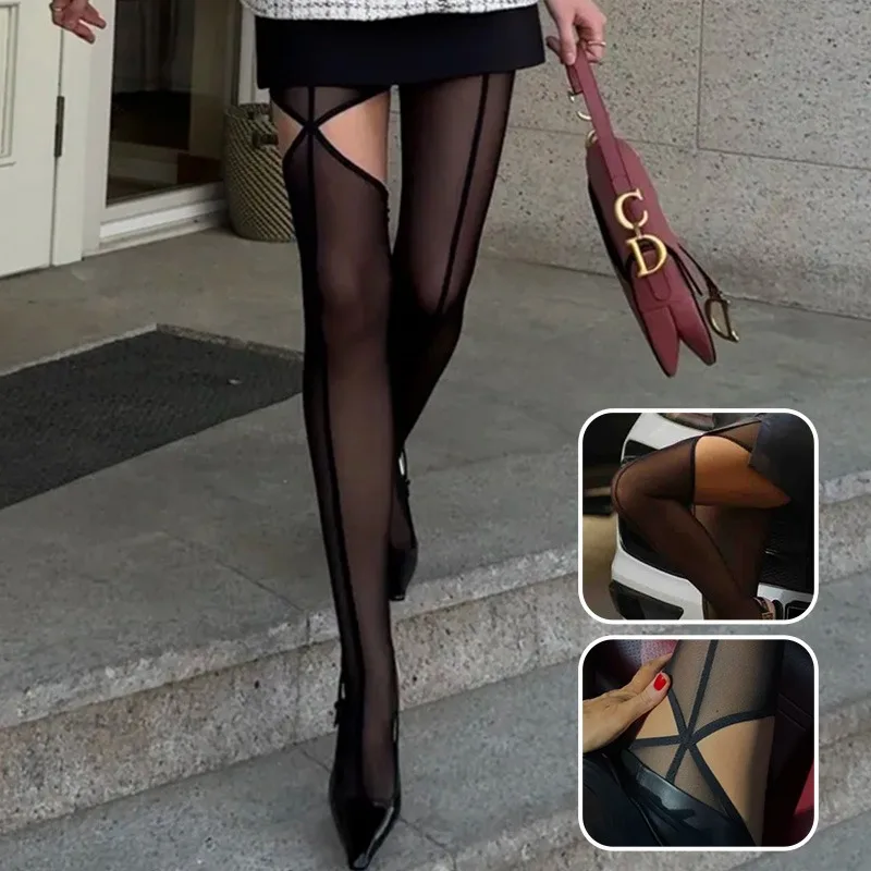 

New Personality High Pantyhose Asymmetry Leggings Perspective Hollow Out Hottie Sexy Tights Sheer Vertical Line Pattern Stocking