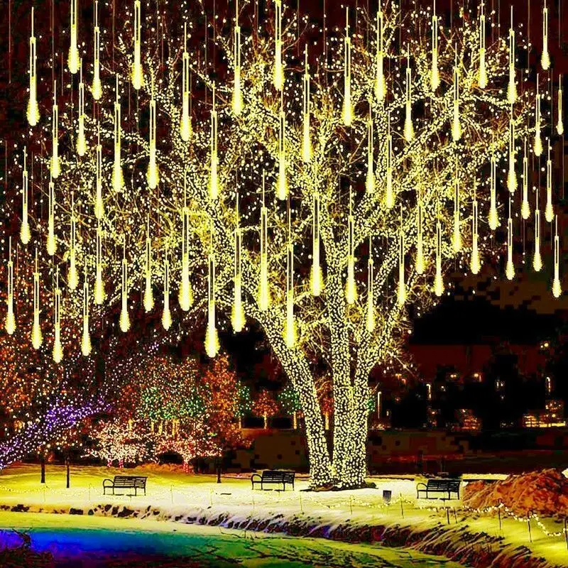 Luces de hadas de lluvia que caen al aire libre, enchufe de EE. UU./UE, luces de lluvia de meteoritos para árbol de Navidad, Patio, porche, Patio, decoración de techo, 1 paquete de 8 tubos