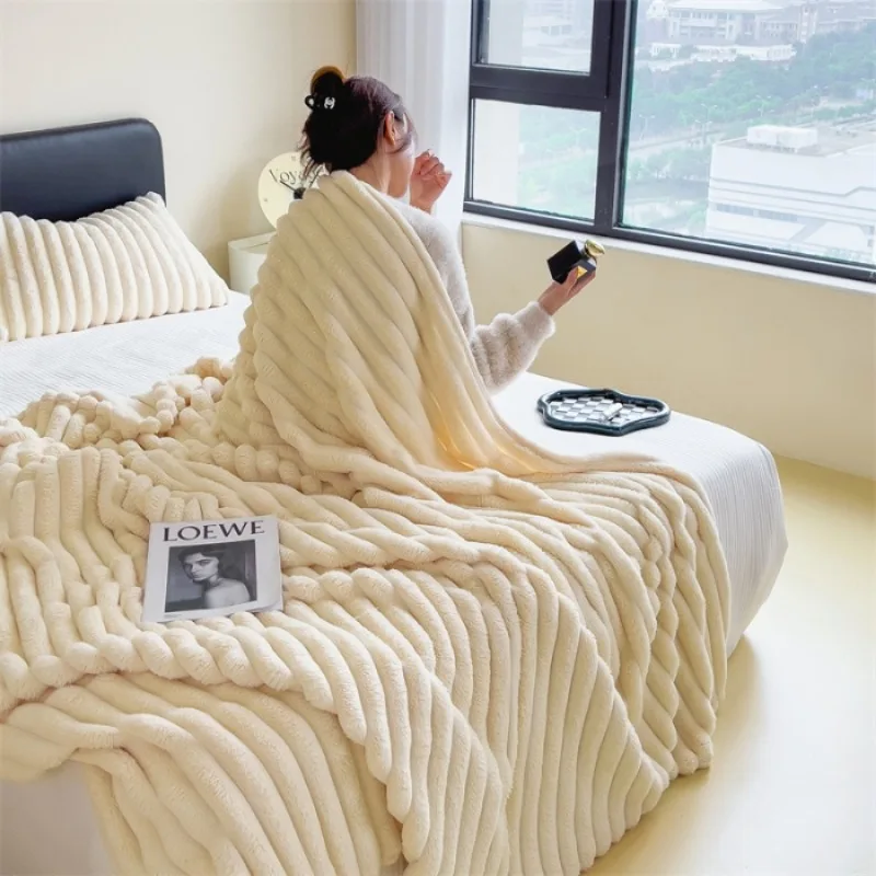 2025 New Rabbit Plush Blanket Draw Stripe Thickened Flannel Blanket Shawl Coral Fleece Sofa Blanket, without Pillowcase