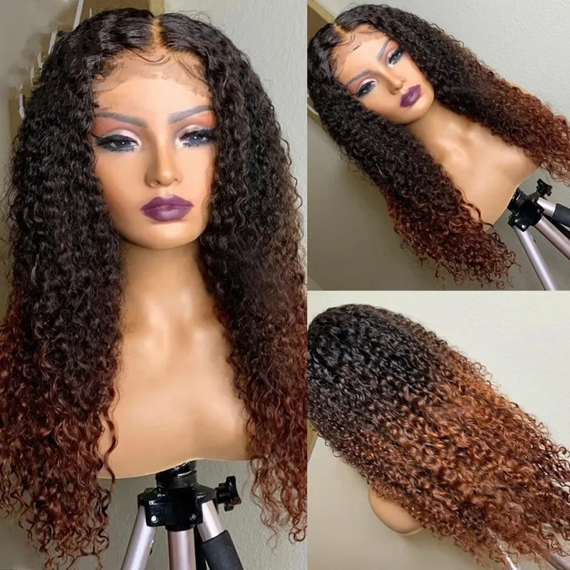 

Natural 26" Preplucked Ombre Brown Kinky Curly 180Density Lace Front Wig For Black Women BabyHair Heat Resistant Glueless Daily