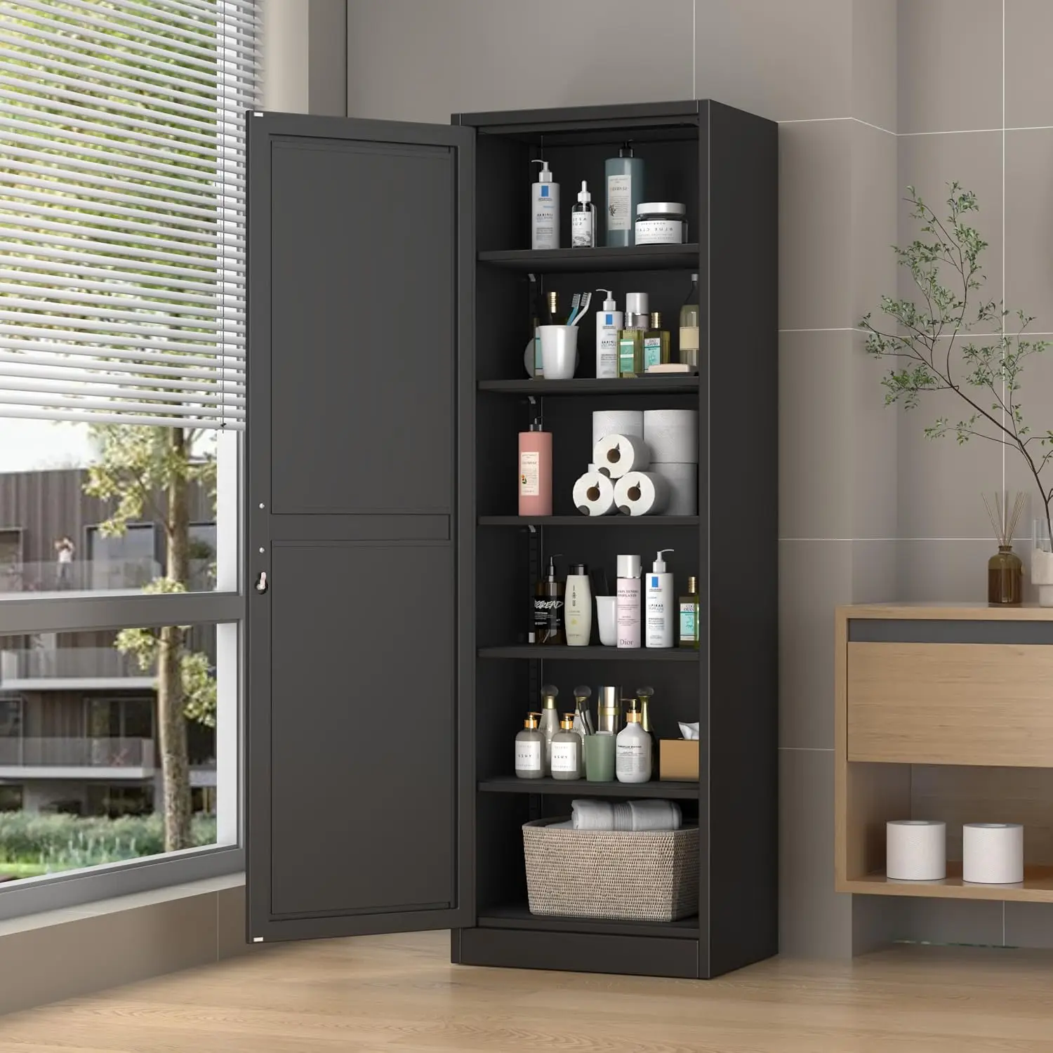 67 Inch Tall Narrow Metal Locking Storage Locker with Single Door, Multi‑Function Tool, File and Snack Organizer for School Classroom, Bedroom, Gym, Home Office, Entryway and Hallway, Black, 20 Inch Width