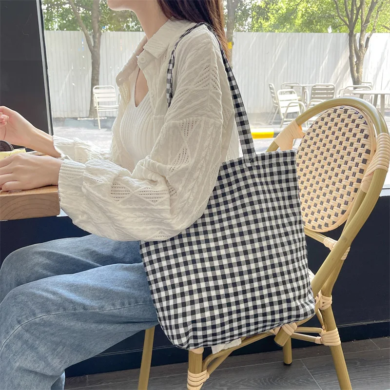 Retro Plaid Women\'s Canvas Shoulder Bag Large Capacity Ladies Reusable Shopping Bags Simple Casual Tote Female Handbags Purse