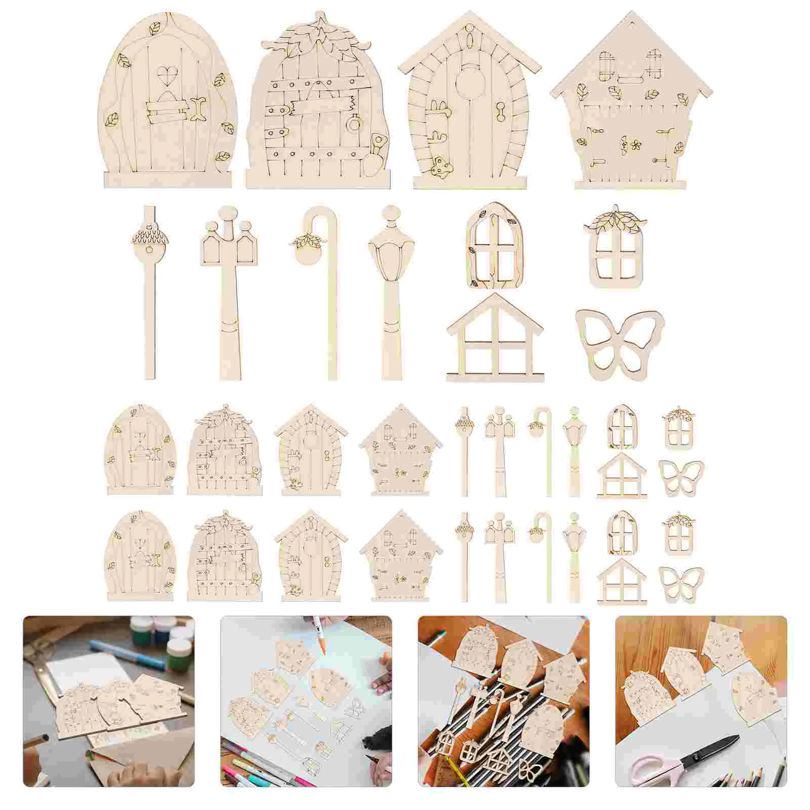 

48 Pcs House Street Light Wood Chips Unpainted Slices Wooden Cutouts DIY Unfinished Pendant Fairy Children Painting