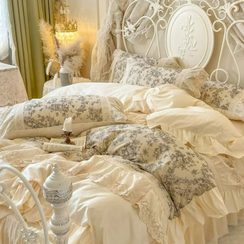 French Style Bedroom Vintage Princess Style All Cotton Four Piece Bed Set Floral Lace Duvet Cover Pure Cotton Bed Skirt Style