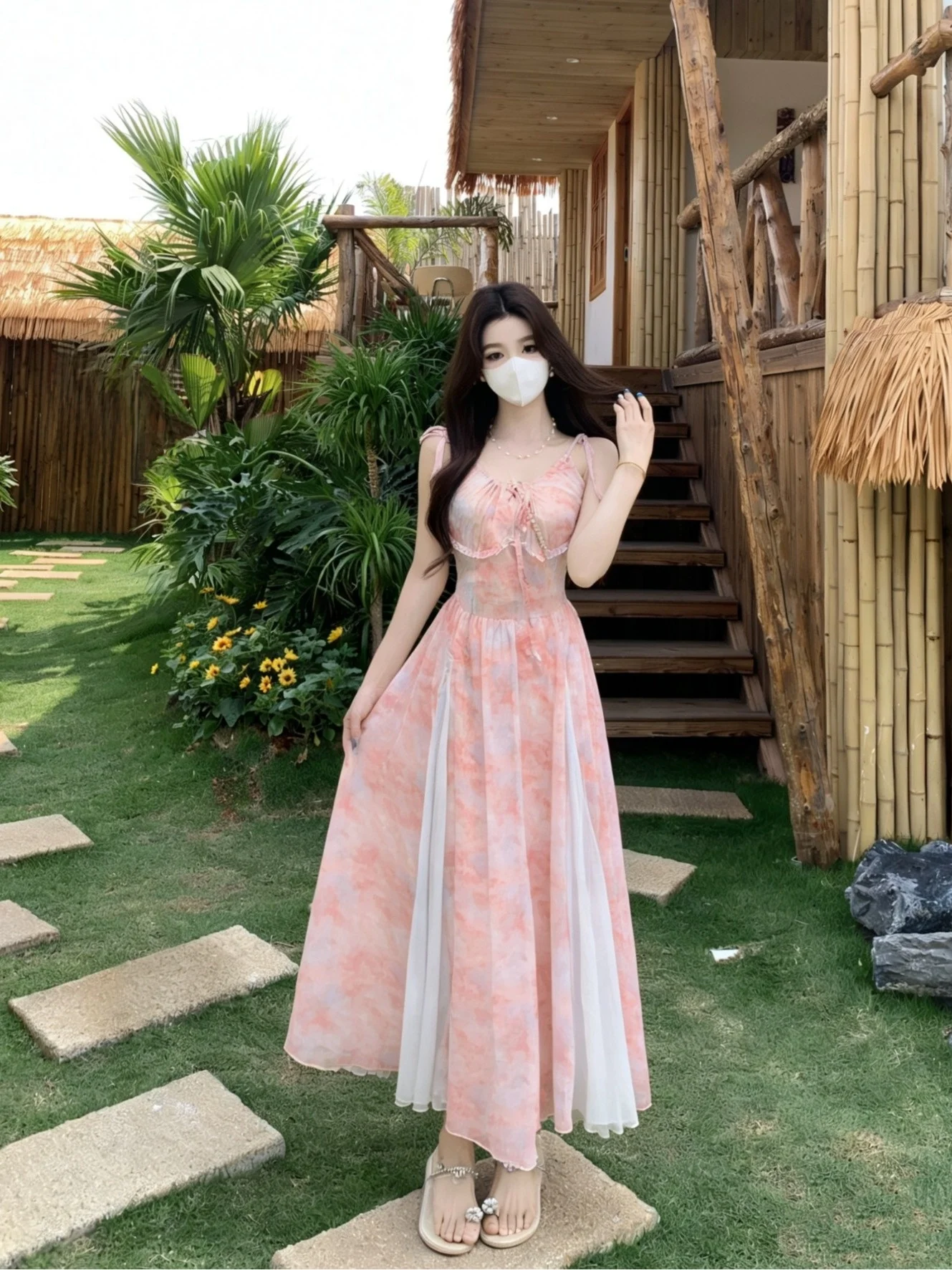 

plus Size Floral Print Maxi Dress Pink Slimming High Waist Belted Korean Style Summer New Arrival Women's Casual A-Line Dress