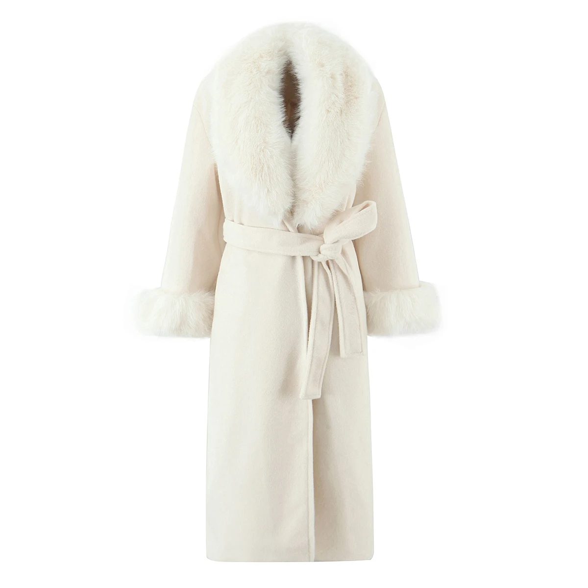2025 CHIC Autumn Winter Ivory Shaggy Faux Fur Lapel Long Woolen Coat Women Tie Bow Sashes Long Sleeve No Button Trench Outerwear