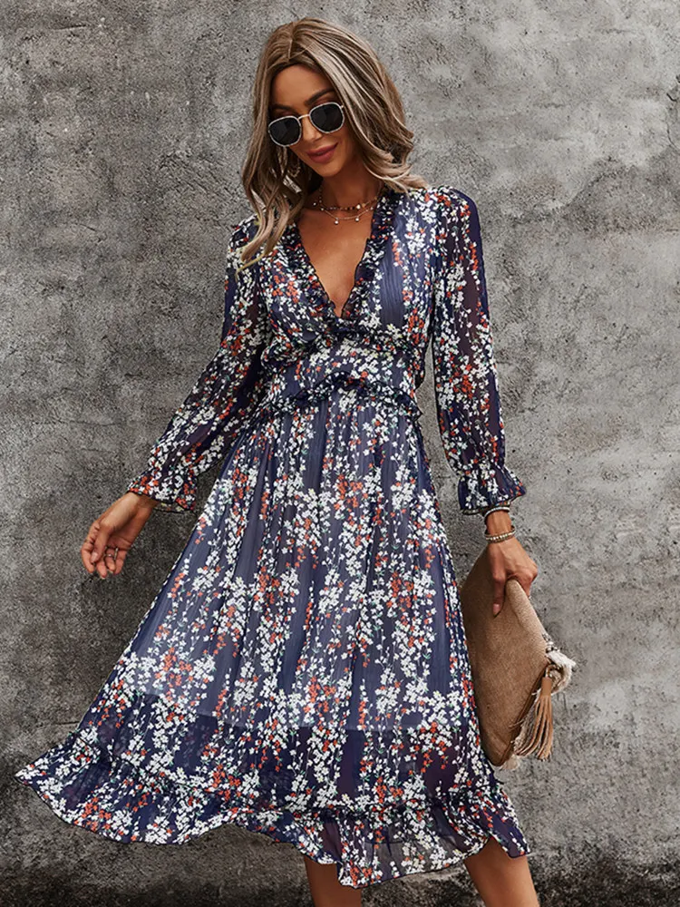 Msfilia Sexy V Neck Floral Dress Ladies Butterfly Sleeve High Waist Casual Print Dresses For Women Summer Chiffon Dress