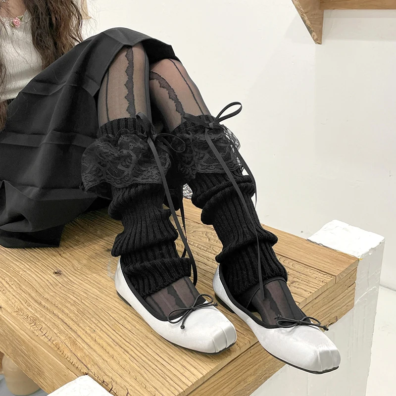 Calentadores de piernas con lazo japonés para mujer, calentadores de piernas con cinta, calcetines largos, calcetines Kawaii Y2k Jk, cubierta de pie de punto