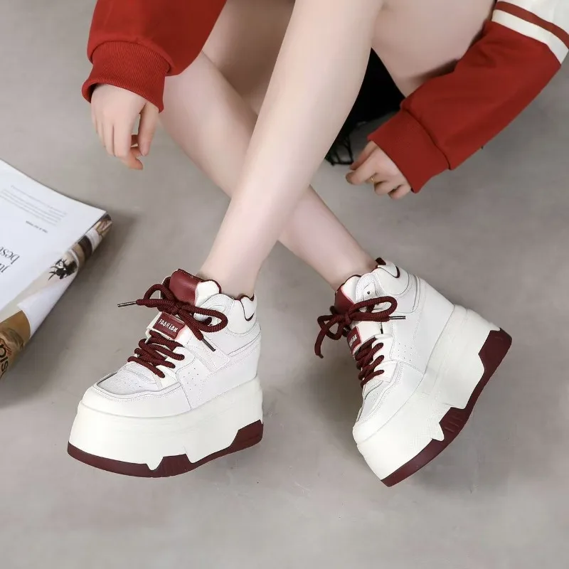 White Boots 10cm Spring and Autumn New Edition Bread Shoes Sports Luxury Casual Shoes Height Raising Single Shoes Lace Up Board