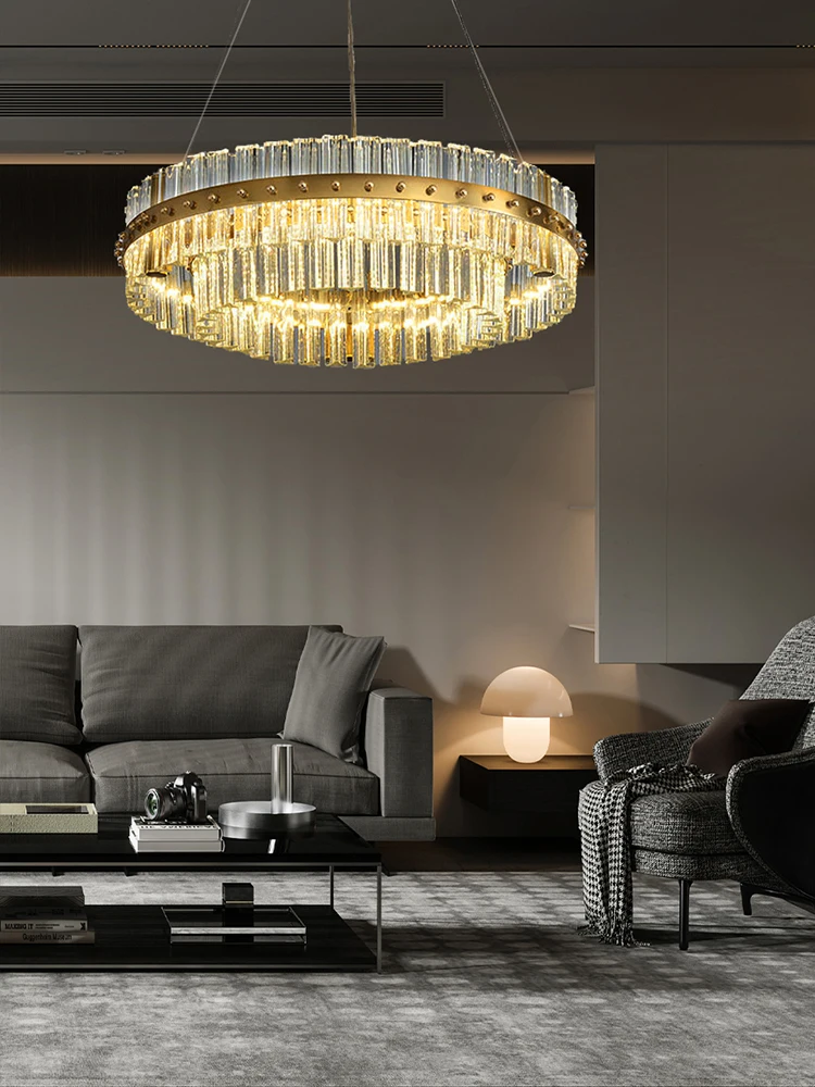 Clear Glittering Crystal Chandelier, Luxury Round Hanging Lamp for Condo Living Room Home Decor LED Lighting Fixture Modern