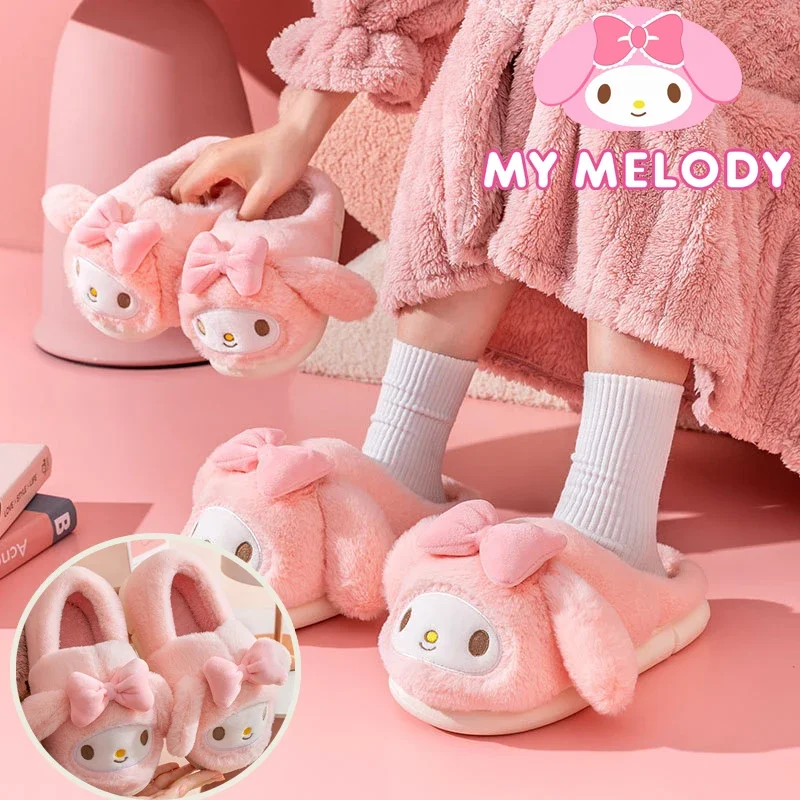 Chinelos de algodão Sanrio Melody para mulheres, lindos chinelos de pelúcia para pais filhos, casa interior, outono e inverno, novo, 2024