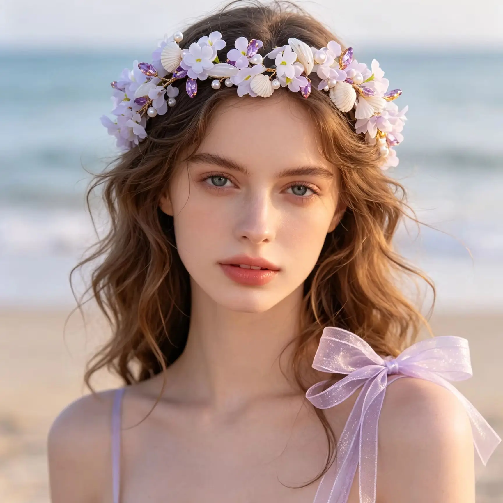 1 Piece of Light Purple Small Flower Shell Pearl Garland, Bohemian Style Bridal Wedding Accessories for the Seaside Beach