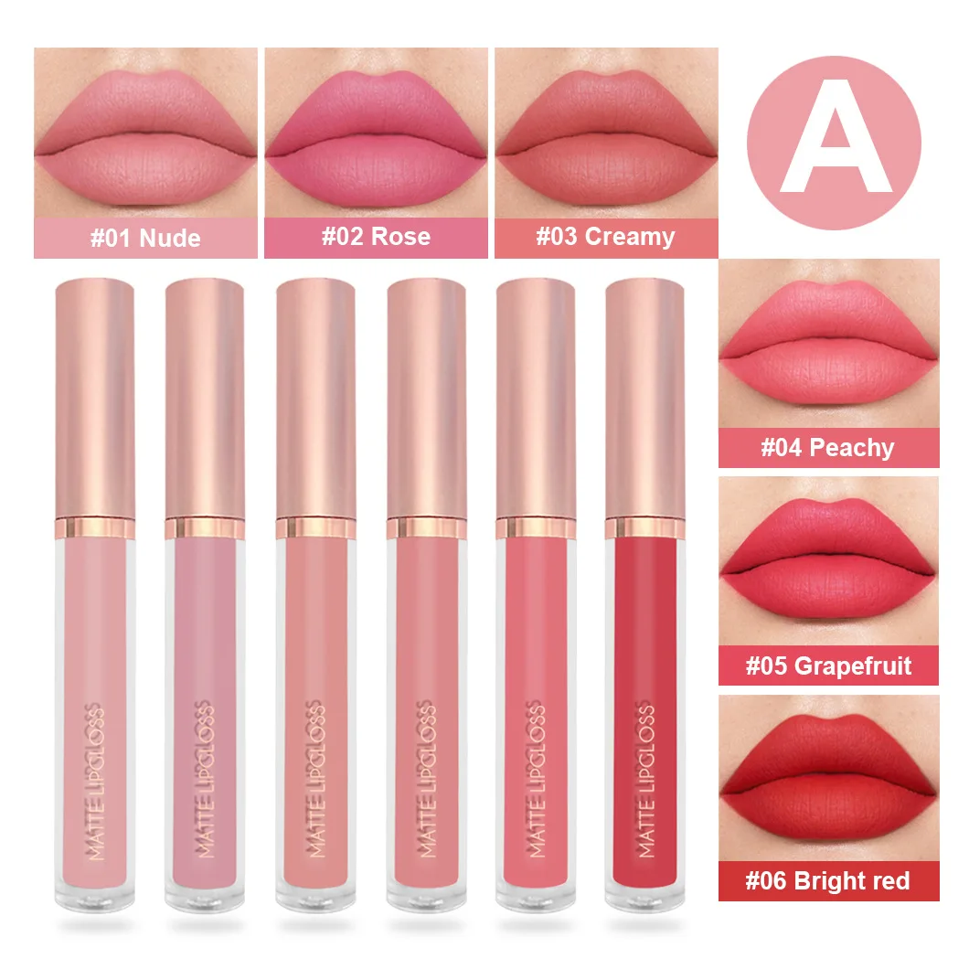 Mattes flüssiges Lippenstift-Set, 6 Farben, wasserdicht, schweißfest, Lippenglasur, langanhaltend, feuchtigkeitsspendender LipGloss, kein Verschmieren, Make-up-Kosmetik