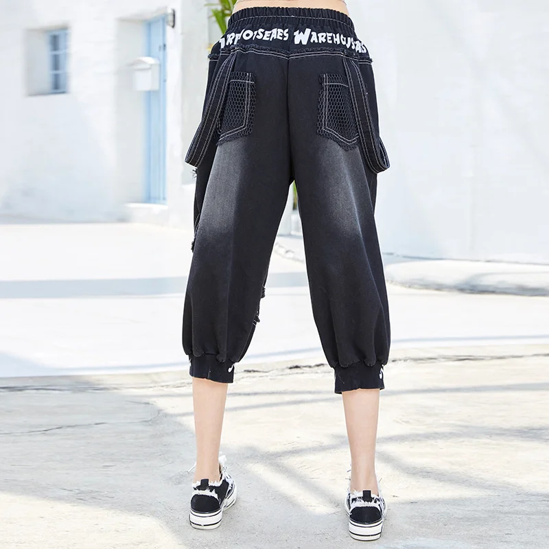 White Black Fashion Calf-Length Women 2024 Summer Pants Thin Splicing Mesh Letter Pockets Harem Pants Elastic Waist White LHX431