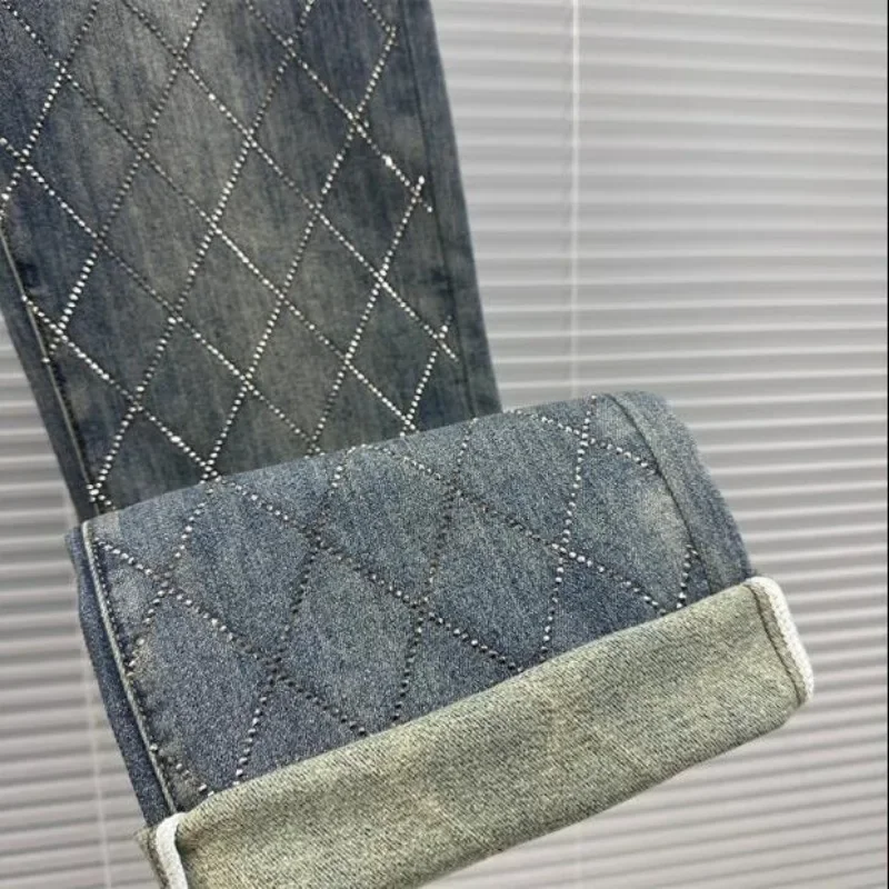 

Джинсы с ромбами и стразами, женские хлопковые джинсы с высокой талией, элегантные мешковатые брюки, прямые брюки Y2k, модные женские джинсовые брюки