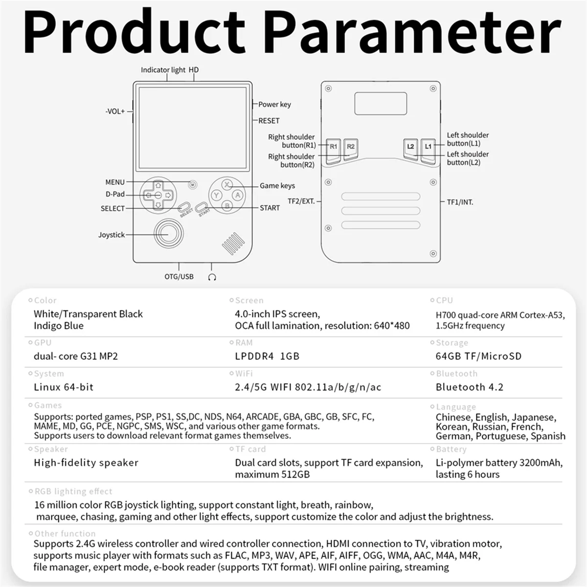 Hot! RG40XXV Retro Handheld Game Console 256G 11000+ Games 64 Bit Linux 4.0inch IPS Screen WIFI RGB Joystick A