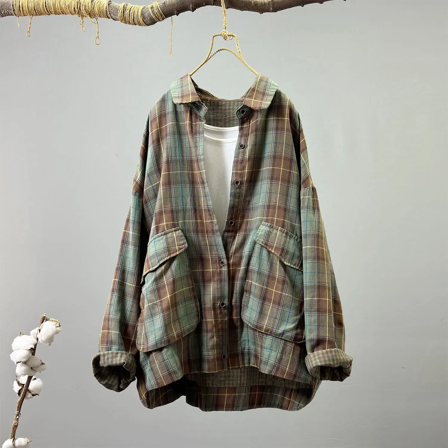 SuperAen Cotton Hooded Long-sleeved Plaid Shirts for Women 2026 Autumn New Artistic and Comfortable Office Lady Shirts