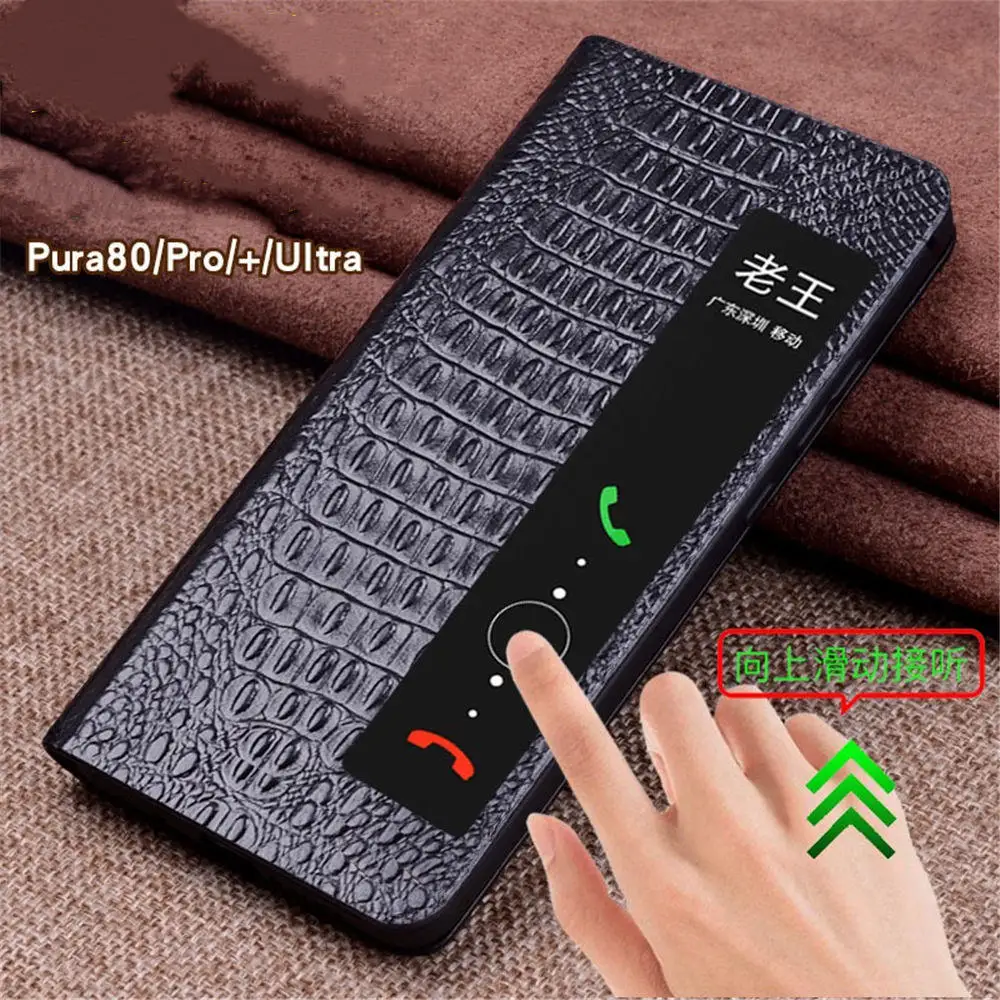 

Genuine Cowhide Leather Crocodile Flip Case for Huawei Pura 80 Ultra 80Pro Window View Cover