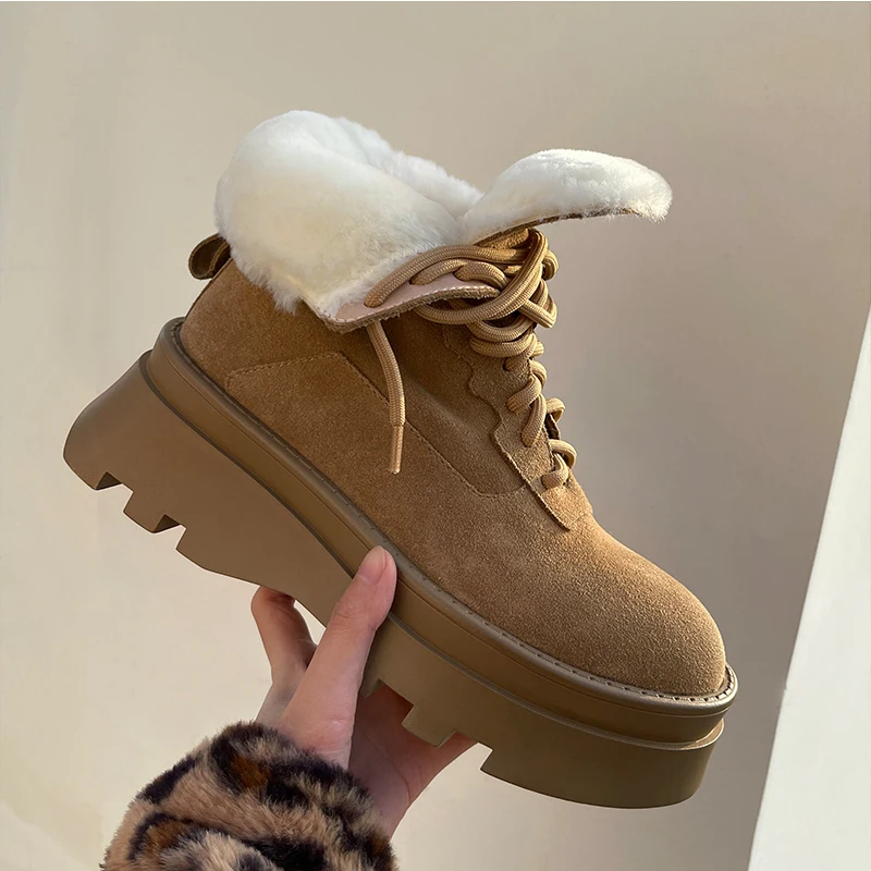 

European winter boots natural leather warm snow boots 22-24.5cm One fur cow suede+wool ankle boots Woolen boots platform boots