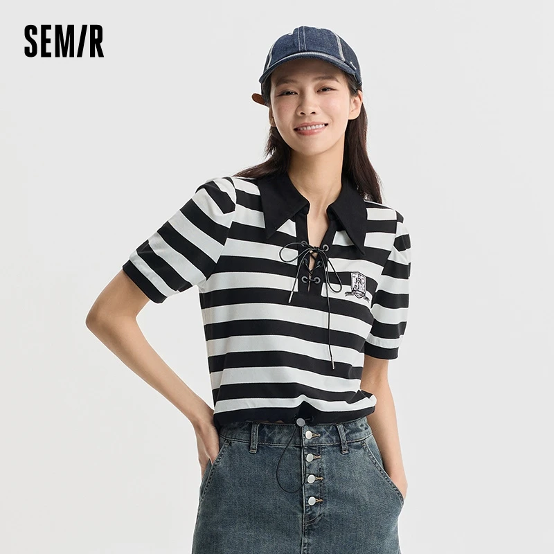 Semir Women Polo Shirt Embroidered Shirt Short Stylish Summer Top With Tie Straps Striped Design Vintage And Casual Style Top