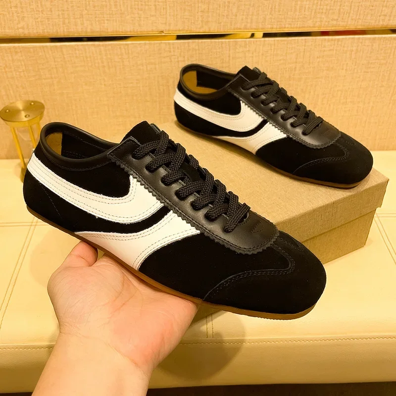 New Men Genuine Leather Casual Shoes Street Cool Striped Flat Skate Shoes Lace-up Sneaker