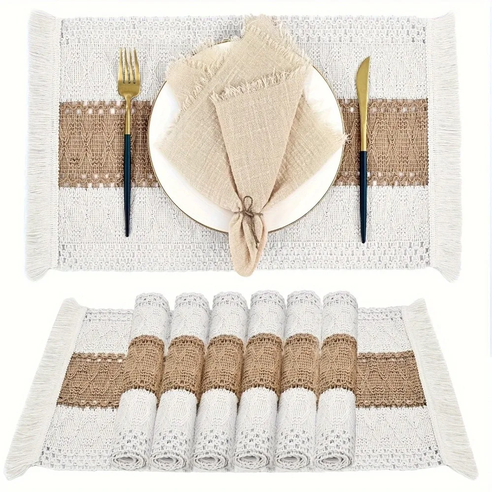 4pcs Bohemia Rectangle Table Mats with Tassel Non Slip Boho Burlap Placemats Western Food Pad Washable Linen Braided Place Mats