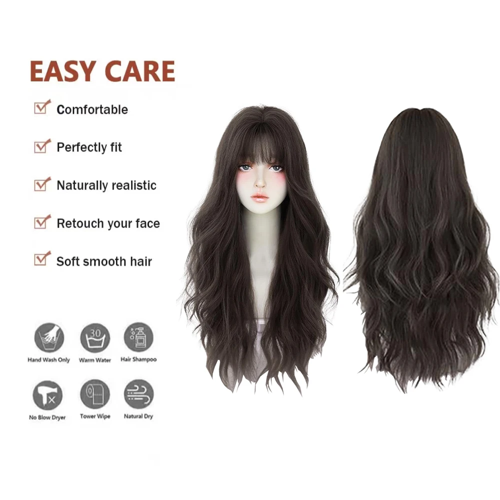 ผมสังเคราะห์สีน้ำตาลขนาด 26 นิ้ว มีลอนหยิกเป็นธรรมชาติ มีความนุ่มฟูและมีหน้าม้า เหมาะสำหรับวิกผมสำหรับเล่นบทบาทในงานปาร์ตี้ประจำวันของผู้หญิง