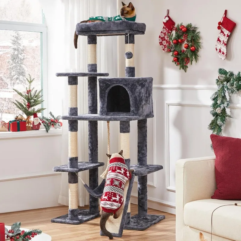 Large Multi-Level Cat Tree, 63 Inches Tall with Sisal-Covered Scratching Posts, Condo, Hammock, Dangling Ball, and Extended