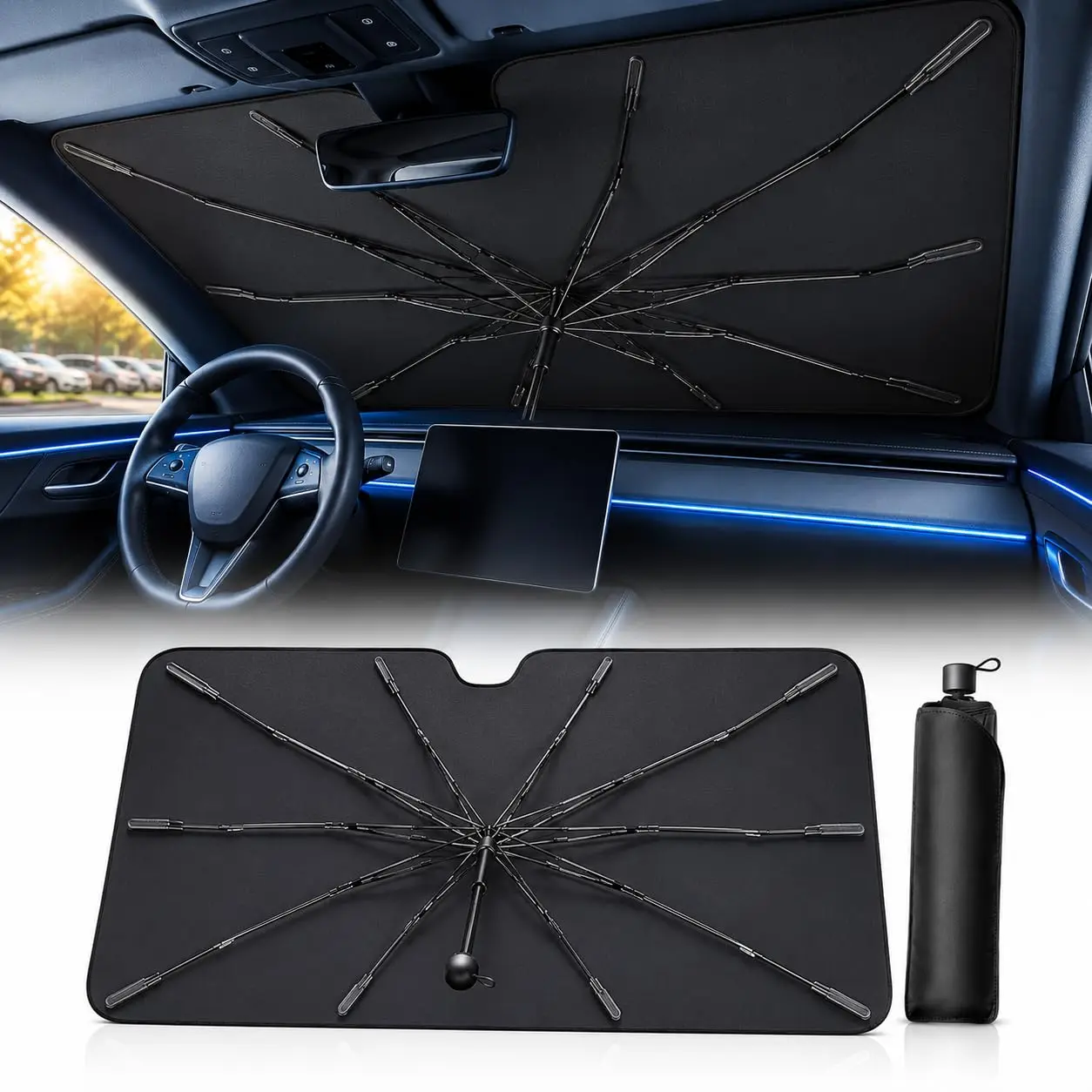 

Foldable Car Windshield Sunshade With Reinforced Umbrella Frame, UV And Heat Protection, 57x32 Inches