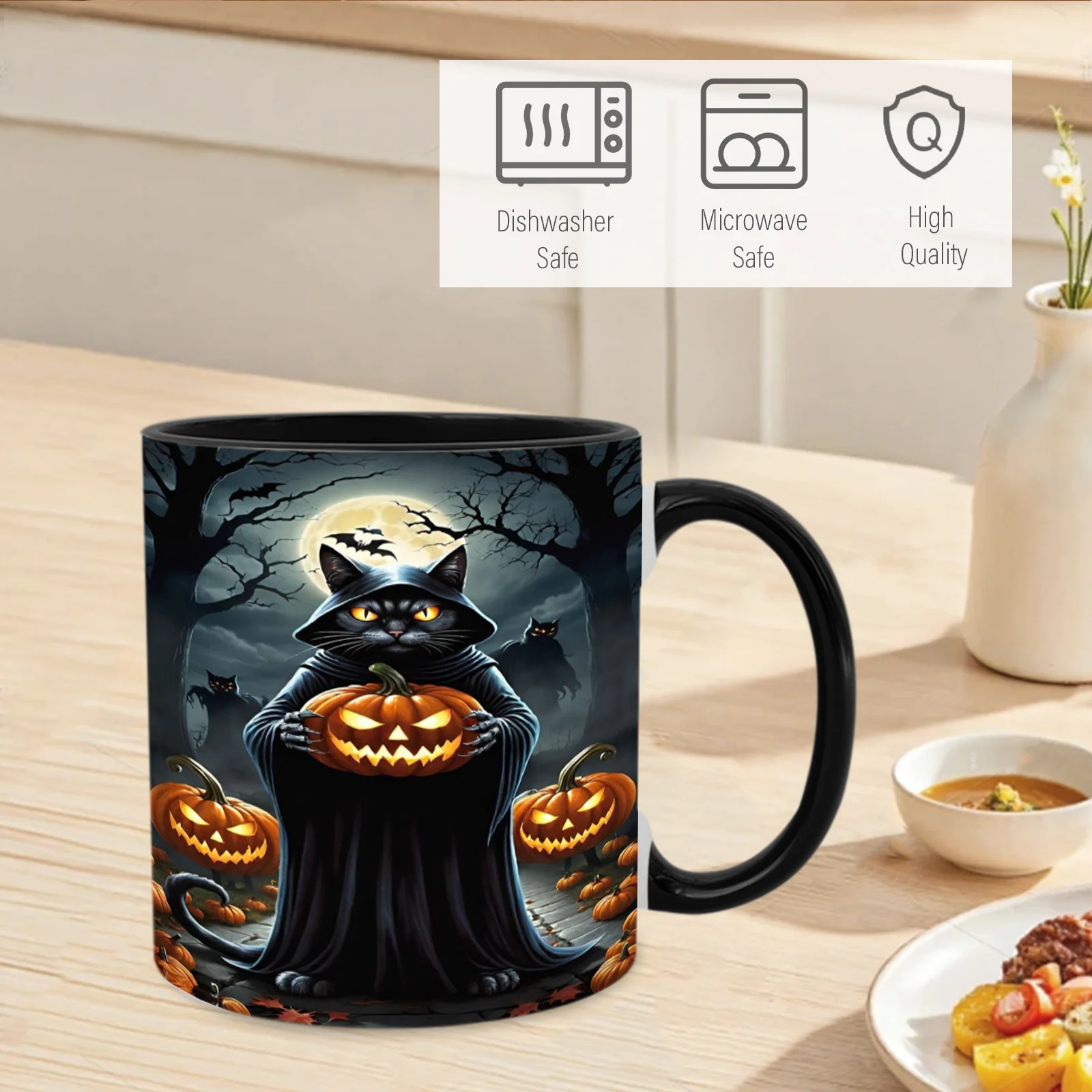 1pc, 11Oz, Dark Halloween Mug: Featuring a Black-Robed, Black-Cat Wizard Holding a Pumpkin Lantern, And a Moonlit Bat, Creating a Mysterious Atmosphere. Made of Ceramic, Suitable for Hot Drinks, And a Perfect Halloween Party Gift